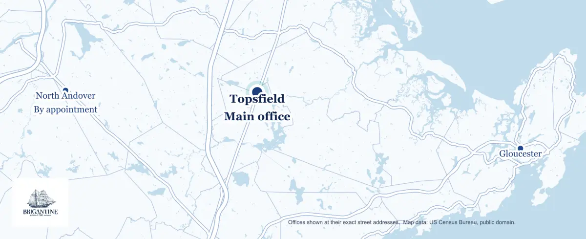 Map of Essex County, Massachusetts showing the three Brigantine Law offices. Topsfield, the main office, sits in the centre on Route 1. North Andover is 9.5 miles to the west and Gloucester is 13.3 miles to the east on the coast.